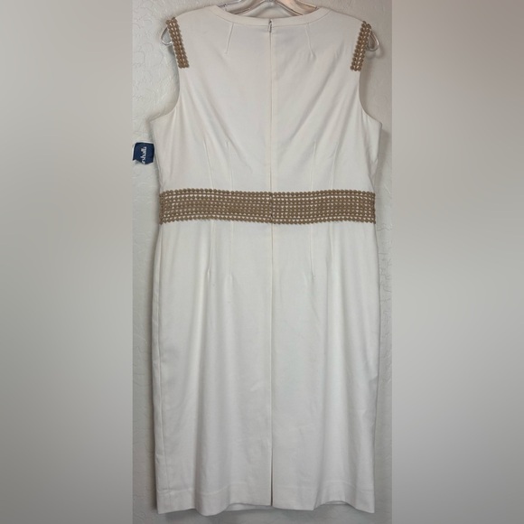NEW Anne Klein White Textured Sleeveless Tan Lace Trim Career Dress size 12 1004 - Picture 3 of 8